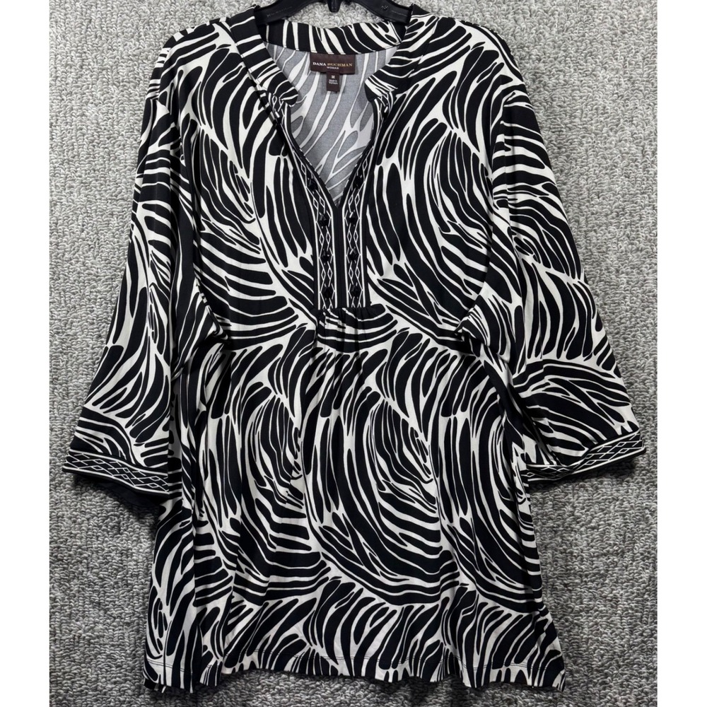 Dana Buchman Tunic Top Abstract Print Blouse Stretch V Neck Black White Women 3X